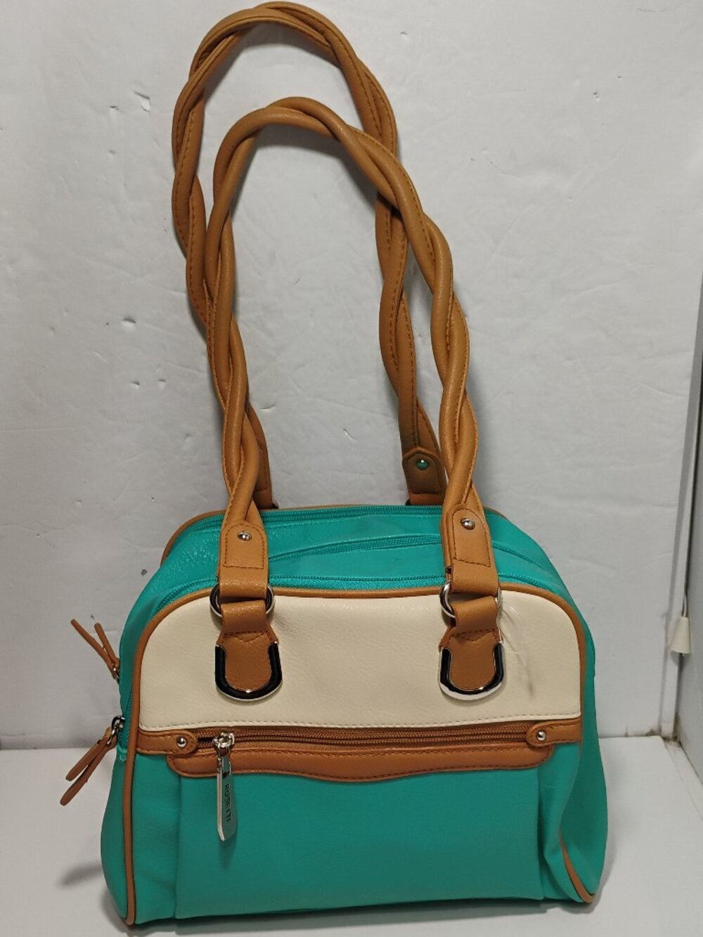 NEW ROSETTI Faux Leather Purse Teal White Brown Braided Straps